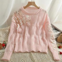 Women's Sweaters Spring Autumn Womens Round Neck Hollow Sequin Knitted Pullover Sweater