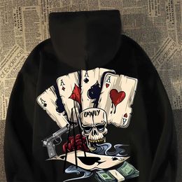 Men's Hoodies Sweatshirts retro dark skull printed hoodie for men and women in autumn and winter loose and plush thick high street jacket