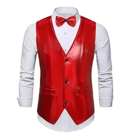 Men's Vests Men Vest Retro Disco Bow Tie Set For Groom Wedding Party Glossy V Neck Waistcoat With Adjustable Back Buckle Pockets