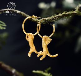 Lotus Fun Real 925 Sterling Silver Earrings Creative Handmade Fine Jewelry Cute 18K Gold Kung Fu Cat Drop for Women 2106243902184