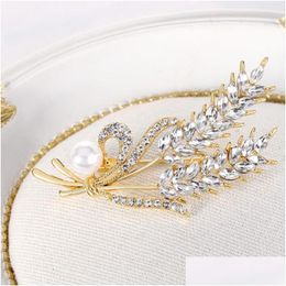 Pins, Brooches Gold Wheat Sheaf Brooch Pin Business Suit Tops Wedding Dress Cor Pearl Rhinestone Brooches For Women Men Fashion Jewel Dhw8Q