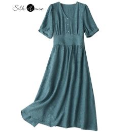 Dresses 2022 Women's Fashion Temperament Real Silk Crown Wrinkle Dress Loose Pure Color 100% Natural Mulberry Silk Large Swing Dress