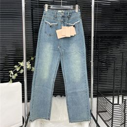 Metal Chain Denim Pants Womens Designer Jeans Straight Leg Trousers Hiphop Long Pant Jean For Lady