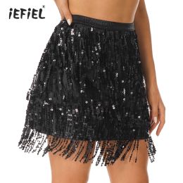 Skirt Womens Sparkly Sequin Skirt Mid Waist Elastic Waistband Fringed Patent Leather Miniskirt for Dancing Party Latin Dance Costume