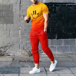 3D Funny Smile Print Men's Suit Tracksuit 2Piece Set Sportwear Summer Jogger Outfit Short Sleeve T Shirt Long Pants 240307