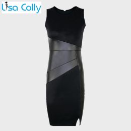 Dress Women Summer Lace Dress Colours Blocks PU Leather Black Mini Dresses Slim Sexy Party Club Dresses Hot