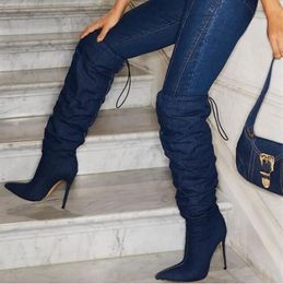 Casual Solid Blue Denim Boots Women Pointed Toe Pleated Thin High Heel Knee High Boots Lace Up Winter Fashion Shoes Plus Size 43