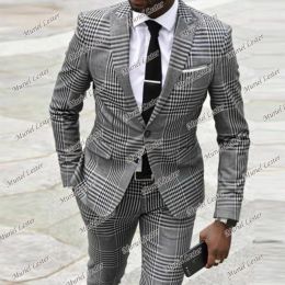 Suits Classic Grey Plaid Cheque Wedding Suits For Men Single Brasted Jacket With Pants Groom Tuxedos 2 Pieces Formal Business Blazer
