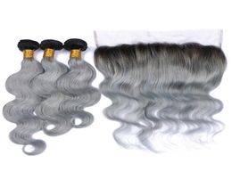 Virgin Peruvian 1B Grey Two Tone Body Wave Human Hair Weaves With 134 Full Lace Frontal Closure Silver Gray 1b Ombre Hair Bundles8602196