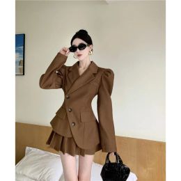 Suits Highend Women Skirt Suit Set with Puff Sleeves 2023 Spring and Autumn Unique Irregular Jacket + Pleated Skirt Twopiece Set