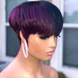Ombre Purple Colour Short Wavy Bob Pixie Cut Wig Full Machine Made Human Hair None Lace Front Wigs For Black Woman9541770