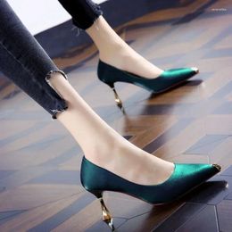 Dress Shoes Early Spring Single Female Pointy Mouth Small With Blue Green Temperament Satin Rhinestone Iron Head High Heels