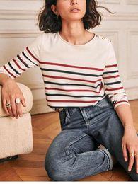 Women's T Shirts Spring 2024 Striped Long Sleeve Tee Top Shoulder Button Decoration French T-Shirt Classic Ladies Pullover