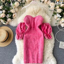 Casual Dresses YuooMuoo Ins Fashion Off Shoulder Sexy Denim Dress Women 2024 Slim High Waist Mini Pink Sundress Ladies Party