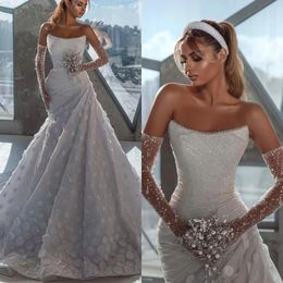 Elegant Mermaid Wedding Dress Sequins Strapless Bridal Gowns Shiny 3D-Floral Appliques Bride Dresses Custom Made Vestido de novia
