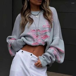 Women's Hoodies Ins Loose Fitting Sweater For Women Round Neck Lazy Colour Patchwork Hole Long Sleeved Top Female In Autumn And Winter