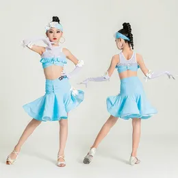 Stage Wear Blue Latin Dance Costume For Girls Sleeveless Tops Skirt Samba ChaCha Performance Clothing Kids Competition Outfit VDB7643
