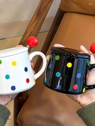 Mugs Colourful Polka Dot Ceramic Cup With Lid Spoon High Aesthetic Value Creative Mug Niche Student Couple Drinking Water