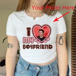 T-shirt I Love My Boyfriend with Your Photo Here Women Cropped Top Customised Perfect Gift Baby Tee Make Your Own T Shirt Picture Here