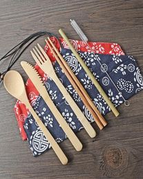 6 PcsSet Bamboo tableware dinnerware Flatware Portable Easy Carrying Set Straw Cutlery With Bag And Brush Outdoor Camping7381727