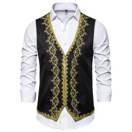 Vests Stylish Gold Embroidery Baroque Vest Men Slim Fit Palace Prince Black Vest Waistcoat Men Stage Prom Drama Opera Costume Gilet