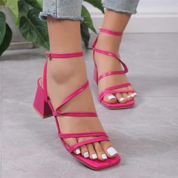 Stylish Thick Middle Heel Shoes Womens Straight Strap Naked Foot Buckle Roman Style Sandals Summer Sandal Women 240228