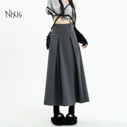 Skirts Vintage Grey Medium Length Skirts Women Spring Summer High Waist Pleated Umbrella Skirt Fashions Y2k Female Korean Style Clothes