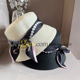 Luxury Flat Bucket Hats Summer Travel Women Straw Hat with Bow Brand Outdoor Sun Protection Visor White Fisherman Hats