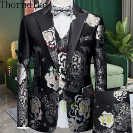 Suits Thorndike 3 Pcs Suit Set Blazers Jacket Pants Vest / Men's Boutique Wedding Dark Pattern Wedding Best Man Host Formal Dresscoat