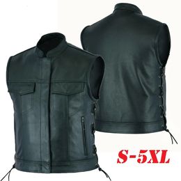 Herren-Leder-Motorradweste mit Cargo-Taschen, modische Biker-Weste mit seitlichen Schnürsenkeln, schwarze Herrenoberteile 240223