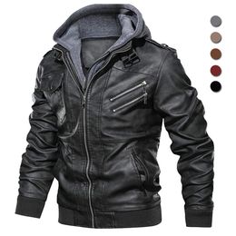 Oblique Zipper Motorcycle Leather Jacket Men Brand Military Hooded PU Leather Jackets Autumn Coat Plus Size S-5XL Drop 240227