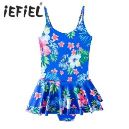 Swimwear Kid Girls One Piece Swimsuit Bodysuit Hawaiian Style Floral Printed Beachwear Leotard Bathing Suit Ruffle Skirted Dress Swimwear