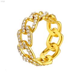 Waterproof Jewellery 18k Gold Plated Stainless Steel Dainty Pave Diamond Band Cubic Zirconia Cuban Chain Ring for Women