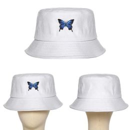 Panama with Butterfly Canvas Bucket Hat White Butterfly Embroidery Double-sided Wearable Basin Caps Outdoor Travel Visor Hat2878