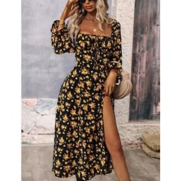 Dress Elegant Floral Dress Women 2024 Spring New Sexy Square Neck Laceup Longsleeve High Waist Slim High Slit Vacation Dresses Robe