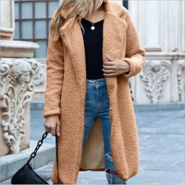 Blends Women Warm Teddy Bear Coat Ladies Fur Jacket Medium length turtleneck sweater Outwear Plush Overcoat Long Coat cardigan cashmere