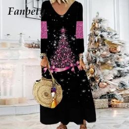Casual Dresses Winter Simple Loose Maxi Dress Elegant Long Sleeve V-neck Pullover Women Patchwork Printed Christmas Party