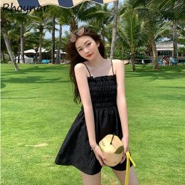 Dress Mini Dress Women Sleeveless Folds Elasticity Students Sexy Summer Cool Mori Girls Pure Colour Casual Korean Style Allmatch 90's