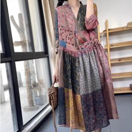 Party Dresses SuperAen Cotton And Linen Women's Dress Summer V-neck Retro Style Loose Thin Printed Oversize