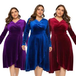 Dresses Autumn Women's Velvet Midi Dress Long Sleeve Winter MidCalf VNeck Evening Party Elegant Dresses Irregular Plus Size Clothes