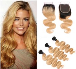 1B27 Honey Blonde Ombre Virgin Peruvian Human Hair Bundles Deals with Lace Closure 4x4 Body Wave Strawberry Blonde Ombre Human H5702748