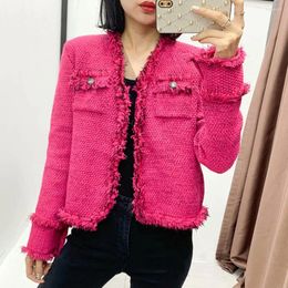 Women's Jackets Spring Rose Red Tweed Coat O-Neck Long Sleeve Tassel Autumn Jacket Elegant Vintage Outwear Pockets 2024