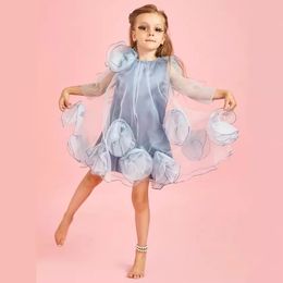 Girls stereo lace flower dresses kids gauze long sleeve princess dress Ball Gown children birthday party clothes Z7015