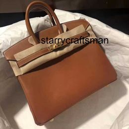 Genuine Leather Handbag LHandmade wax thread bag 25cm gold brown buckle saddle leather high-end portable womens bag