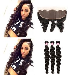 Remy Brazilian Loose Deep With Lace Frontal Closure 134 Ear to Ear Human Hair Bundles with Lace Frontal For Salon3762395