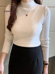 Pullovers Ladies Sweater Autumn Winter Knitwears Mock Neck Pure Color Base Shirt Long Sleeve Tops Pullovers Women Cheap Casual Jumpers