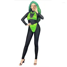 Stage Wear Sexy Black Jumpsuit With Green Beaded Accessories Singer Dancer Performance Show Jazz Dance Costume Set