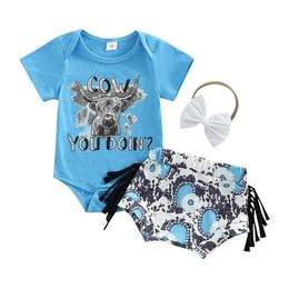 kids Clothing Sets Girls boys outfits infant Cattle Romper Tops cow print tassel shorts Bow Headband 3pcsset summer fashion baby 9171101