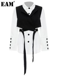 EAM Women Black Bandage Vest Two Piece Blouse Lapel Long Sleeve Loose Fit Shirt Fashion Spring Autumn JR675 240307