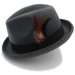 Stingy Brim Hats Women Men's Feminino Felt Fedora Hat For Lady Winter Autumn Wool Roll Up Homburg Jazz Feather1276n